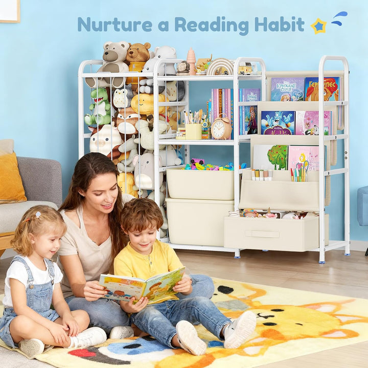 3-in-1 Kinderregal, Spielzeug-Organizer & Bücherregal mit Rädern, Spielzeugkiste & Aufbewahrung für