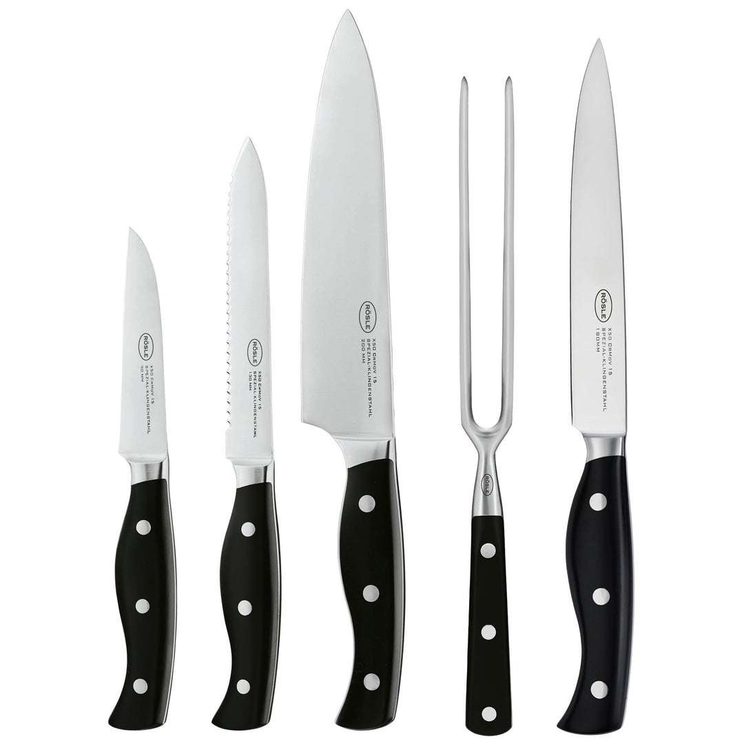 RÖSLE Messer-Set PURA inkl. Tranchiergabel 5-tlg., Kochmesser, Universalmesser, Gemüsemesser, Fleisc