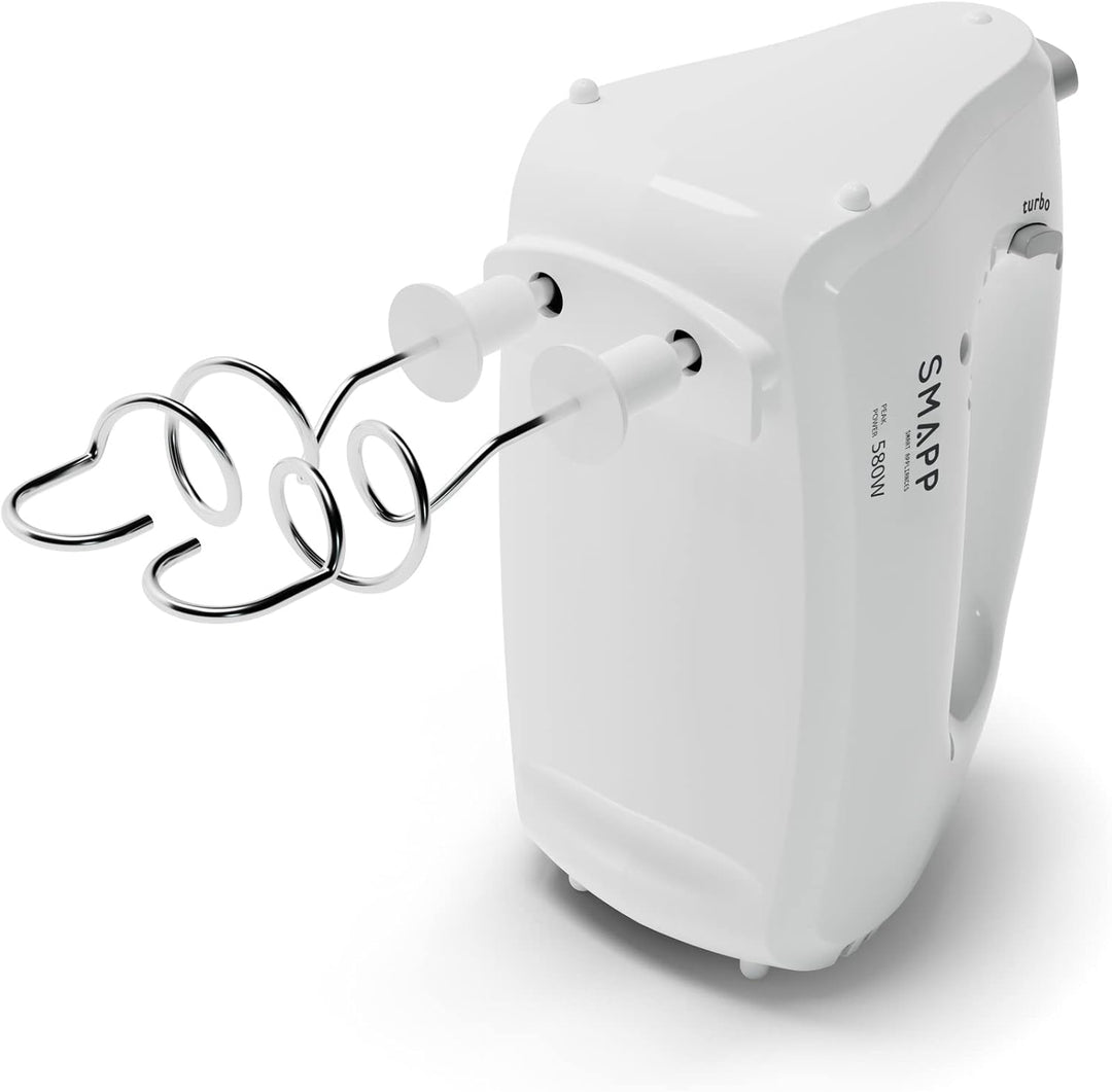 SMAPP 451.4 Handmixer, 580W, Weiss Küchenmixer, 5 Geschwindigkeiten + Turbo Boost, 2 Rührbesen und 2