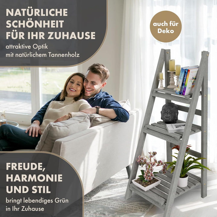 Blumenleiter Flower Ladder M 108x41x40cm hellgrau - 3-Ebenen Natur Holz Leiterregal Blumentreppe Blu