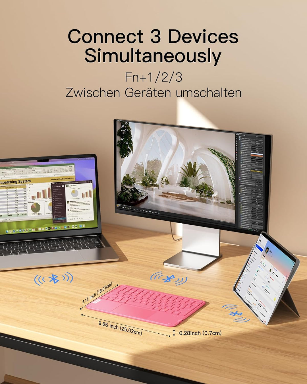 Inateck ultradünne Tablet-Tastatur mit Touchpad, 3 Bluetooth-Kanäle pink, pink