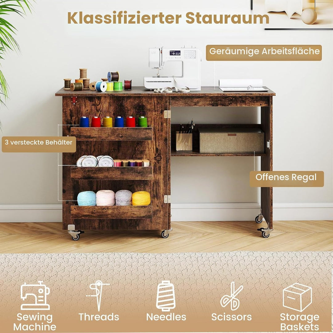 LIFEZEAL Nähmaschinenschrank klappbar, Nähschrank 2 in 1, Schreibtisch Holz mit Haken, Ablage &amp; Roll