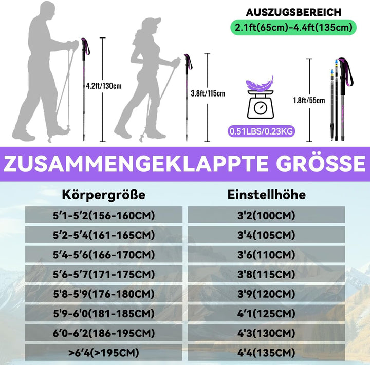 DOBESTS Teleskop-Wanderstöcke 2 Stück, Nordic-Walking-Stöcke 65-135 cm Violett, Violett