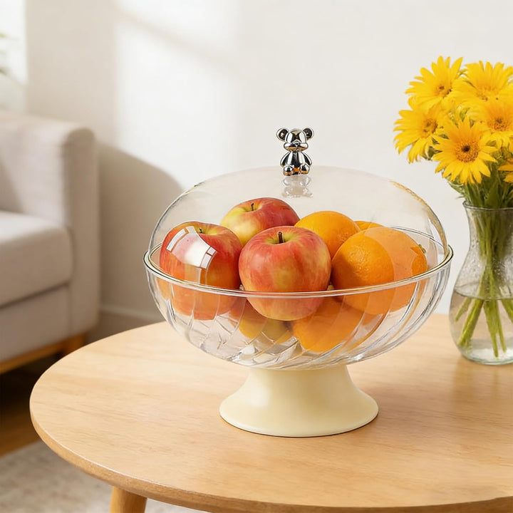 Obstschale mit Deckel und Abtropfeinsatz Transparent – Kunststoff Fruchtschale mit Fuss für Tischdek