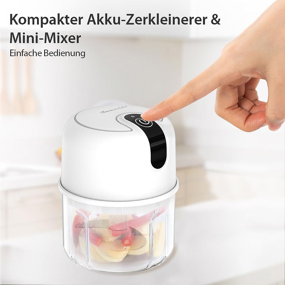 Rosenstein &amp; Söhne Zwiebelschneider: Kompakter Akku-Zerkleinerer &amp; Mini-Mixer, 200 ml, inkl. Netztei