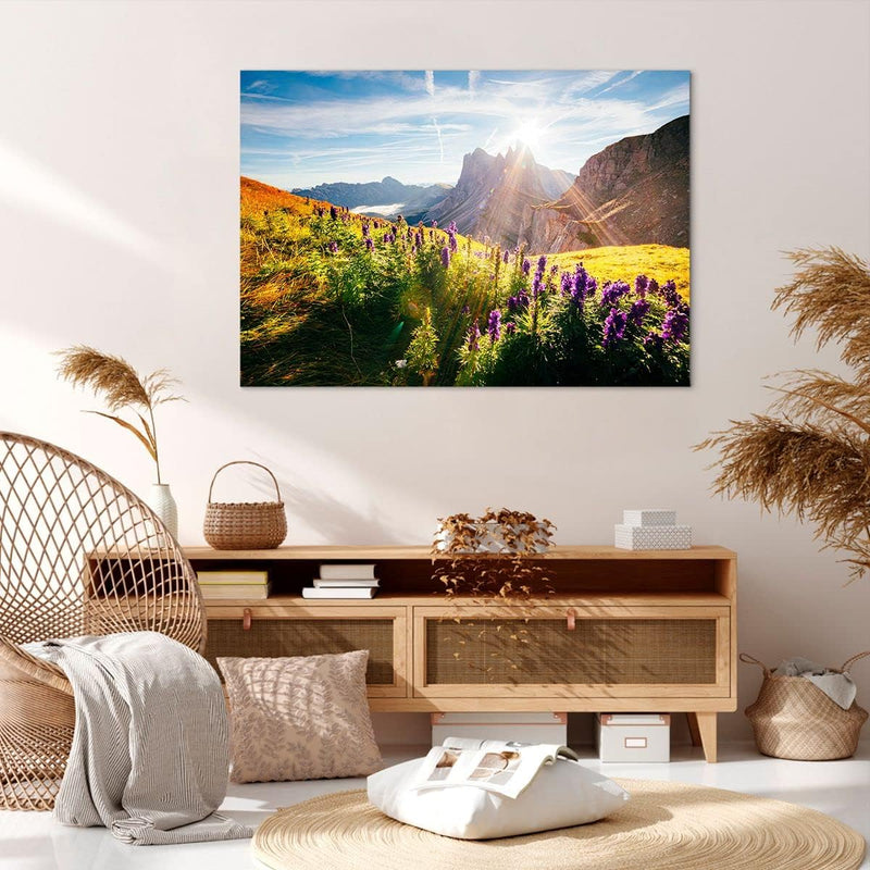 Bilder auf Leinwand 100x70cm Leinwandbild mit Rahmen Berge Wiese Blumen Gross Wanddeko Bild Schlafzi