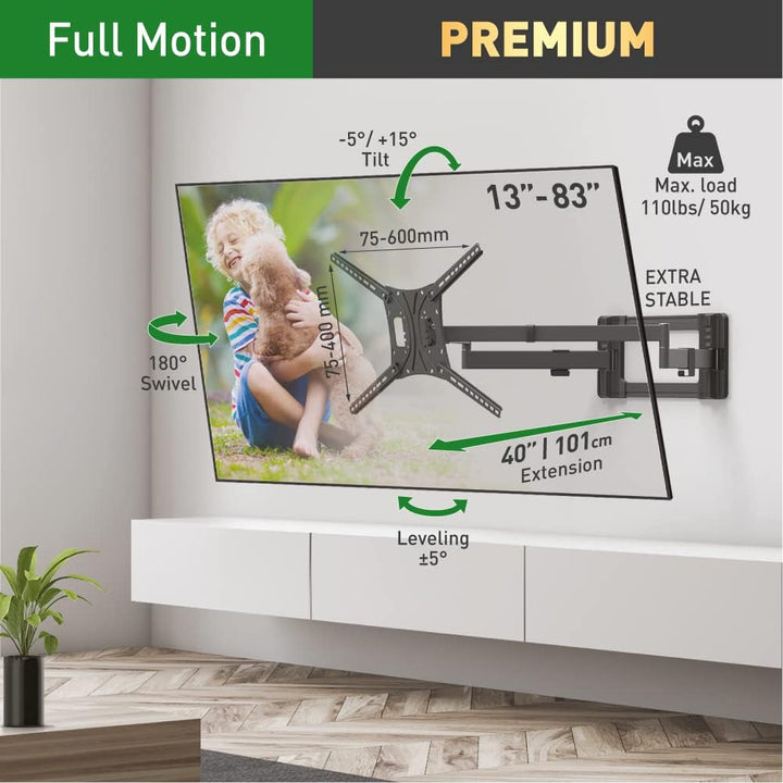 Barkan 1 Meter lang TV Wandhalterung, 13 - 80 Zoll Doppelarm, Schwenkbar / Vollbewegung flach & curv