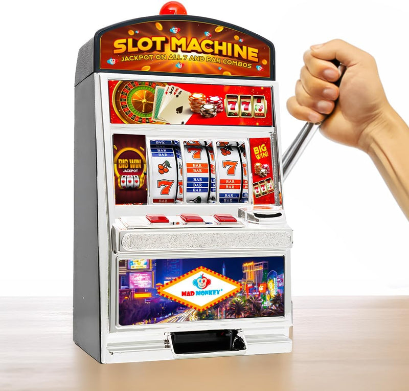 Mad Monkey Slot Machine Spardose XL, Spardose im Spielautomaten-Design mit Licht und Sound, Geldspie