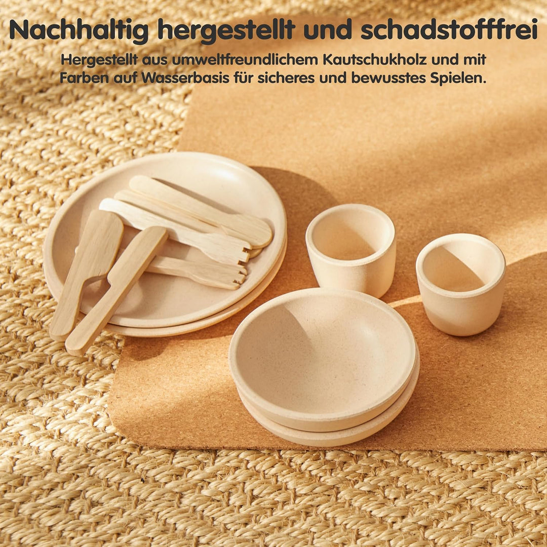 PlanToys Geschirr-Set - Kinderküche Zubehör - Geschirrset aus Holz - Holzspielzeuge 2 Jahre - Set Te
