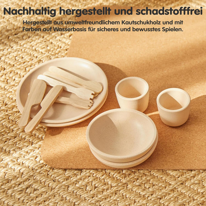 PlanToys Geschirr-Set - Kinderküche Zubehör - Geschirrset aus Holz - Holzspielzeuge 2 Jahre - Set Te