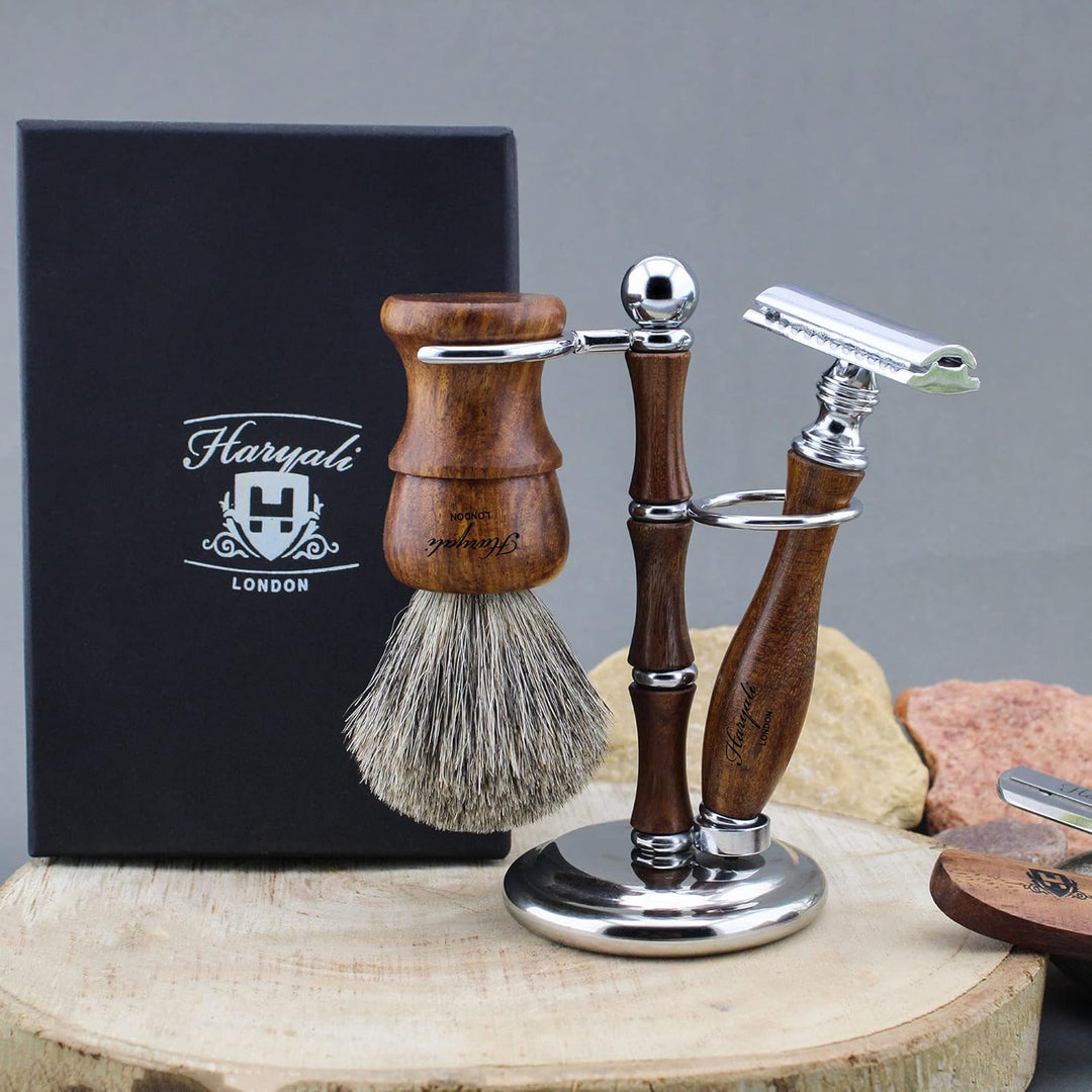 Haryali London Rasierset Herren – Premium Rasierhobel set aus Holz mit Rasierhobel, Rasierpinsel und