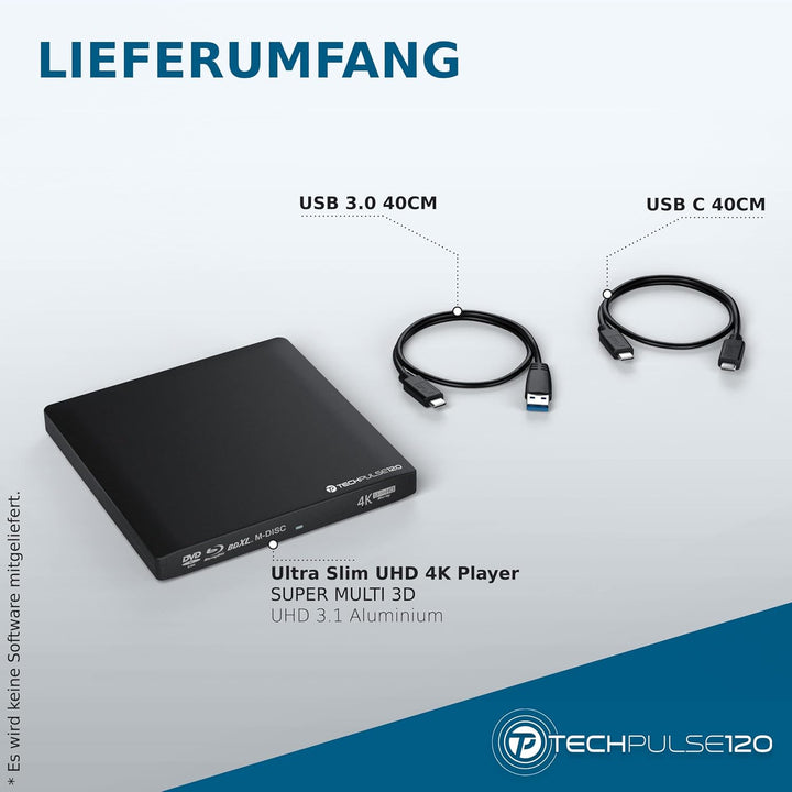 techPulse120 externes USB 3.1 Typ-C UHD HDR 4k 3D MDisc BDXL Laufwerk Bluray Brenner Burner Superdri