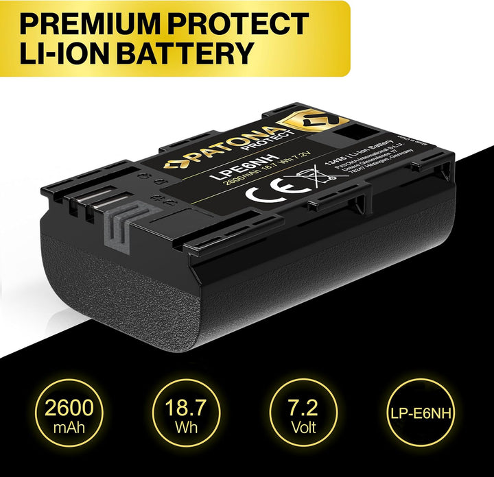 PATONA 2x PROTECT LP-E6NH Akku 2600mAh Ersatzakku kompatibel mit Canon EOS R5 R6 R6II R7 5D Mark II