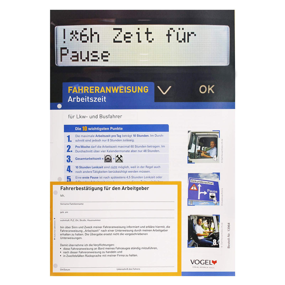 10er Pack Fahreranweisung Arbeitszeit für LKW- und Busfahrer Anweisung Anordnung Verhaltensregeln