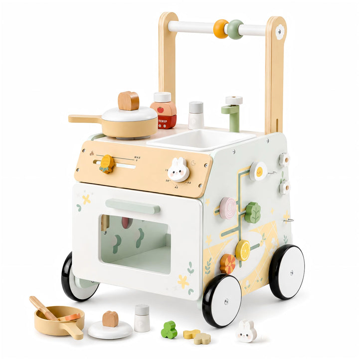 ROBUD Baby Walker Holz für Kleinkinder, Verstellbarer Schiebewagen mit Activity-Center, Grossem Stau