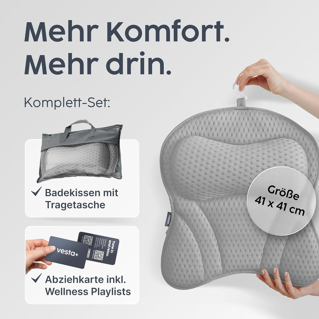 Vesta+ Badewannenkissen Grau L mit Saugnäpfen, Badekissen Testsieger als Badewannenkissen Nacken &amp; N