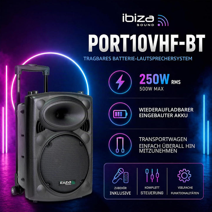 Ibiza - PORT10VHF-BT - Tragbarer Lautsprecher 10"/500W MAX mit 2 Mikrofonen (kabelgebunden und VHF),