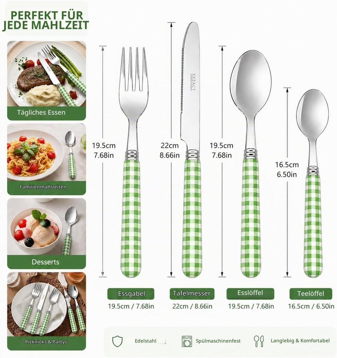 EXZACT Color Edelstahl-Besteck Set 24 Stück - 6 x Tafelgabeln, 6 x Tafelmesser, 6 x Abendessen Löffe