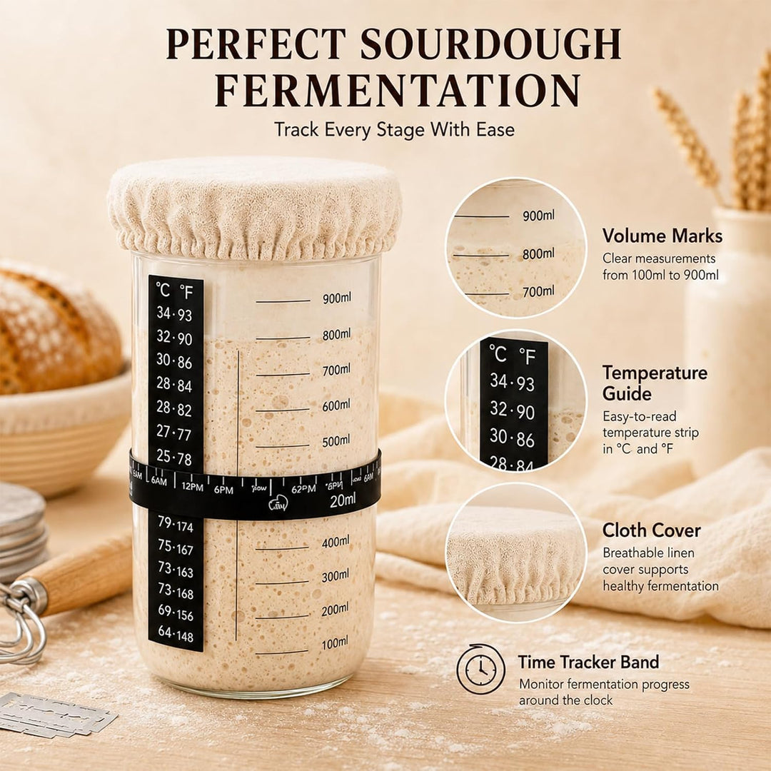 Sauerteig Starter Set 14-teilig, Gärkörbchen 23cm Rund &amp; 25cm Oval | Brot Backen Zubehör mit Gärkörb
