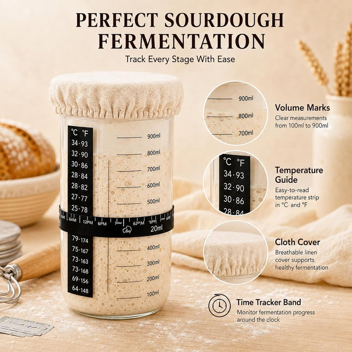 Sauerteig Starter Set 14-teilig, Gärkörbchen 23cm Rund &amp; 25cm Oval | Brot Backen Zubehör mit Gärkörb