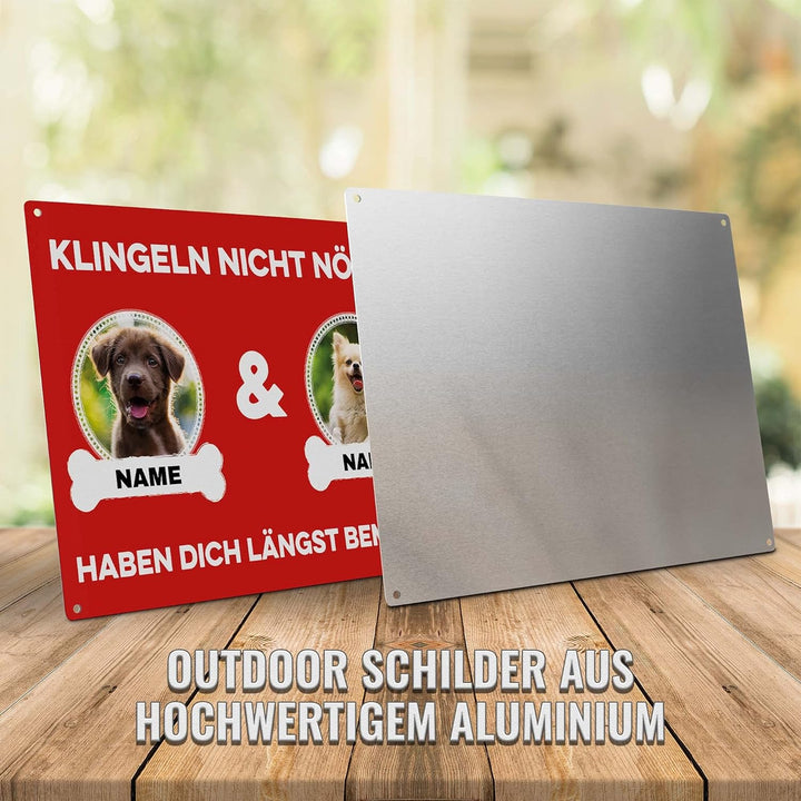 Hunde Schild personalisiert - Klingeln nicht nötig - Metallschild mit Foto und Name für aussen, wett