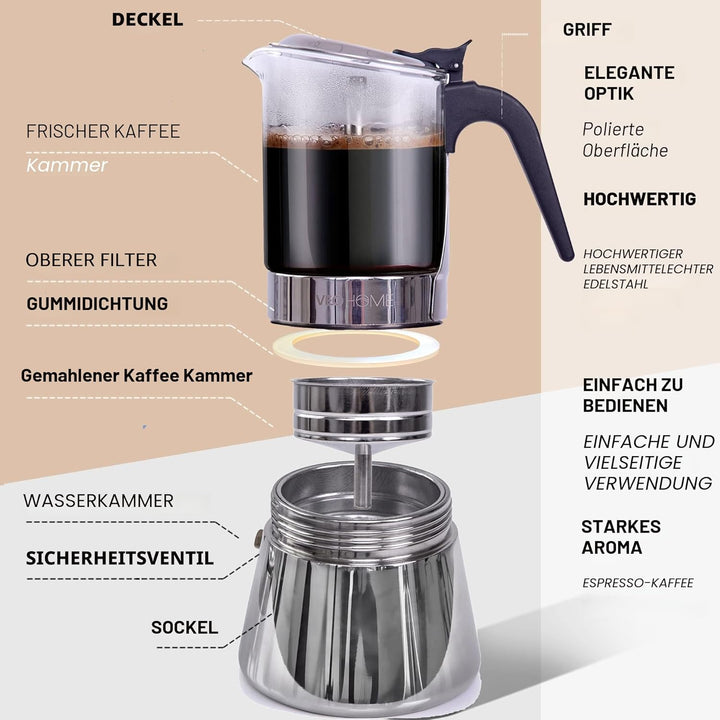 Espressokocher Klassisch italienische Perkolator-Mokakanne 360 ml - luxuriöses Kristallglas und rost