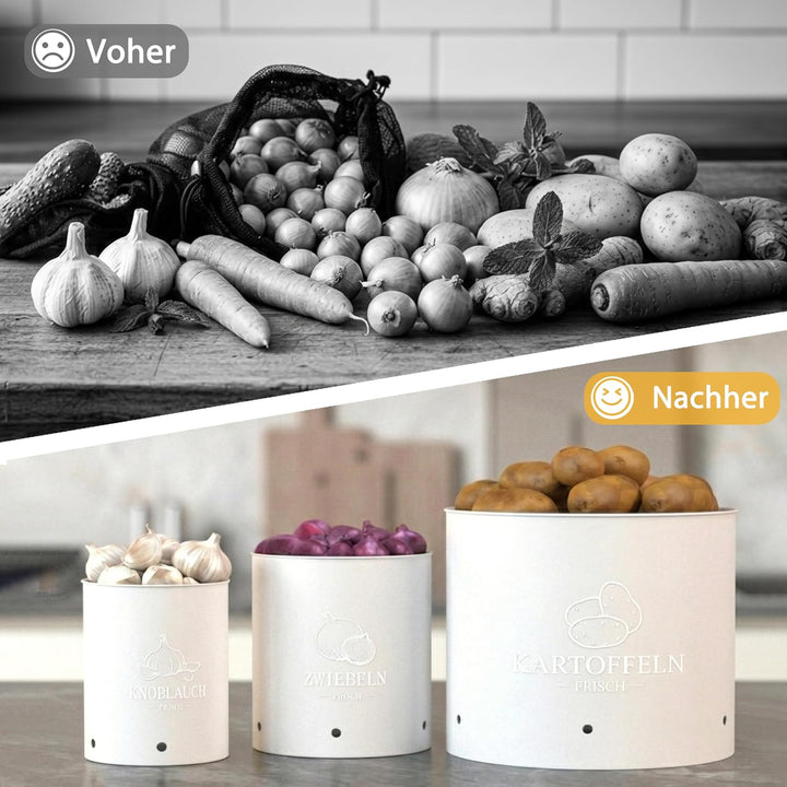 Kartoffel Aufbewahrungsbox 3er Set | Stapelbare mit Frischebelüftung, Kunststoff Kartoffelbox, Platz