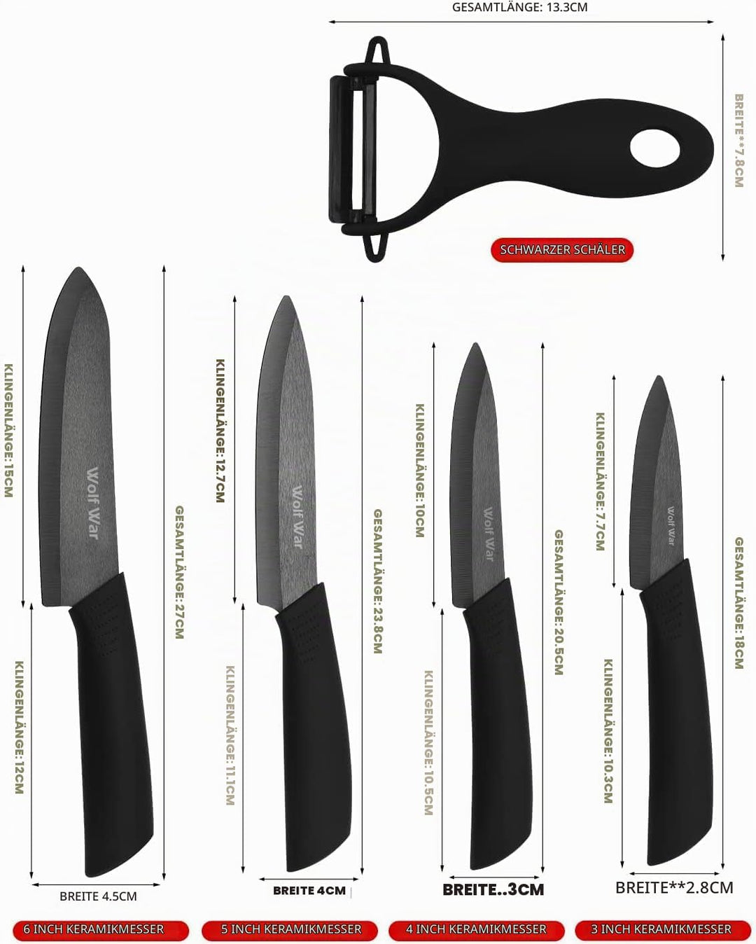 Wolf War keramikmesser, Keramikmesser Set mit Schutzhülle, Küchenmesser Set mit 4-teilig Messer und