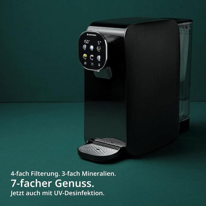 OsmoFresh Auftisch Osmoseanlage Quella Pro Black | mit Heisswasserspender | 6 Temperaturstufen | 7-F