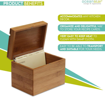 Oceanstar Bambus-Rezeptbox mit Trennwand, naturfarben, 17,3 cm B x 12,4 cm T x 13 cm H 6.80" W x 4.9