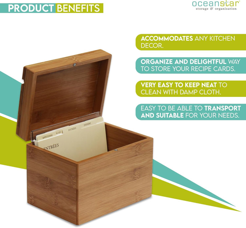 Oceanstar Bambus-Rezeptbox mit Trennwand, naturfarben, 17,3 cm B x 12,4 cm T x 13 cm H 6.80" W x 4.9