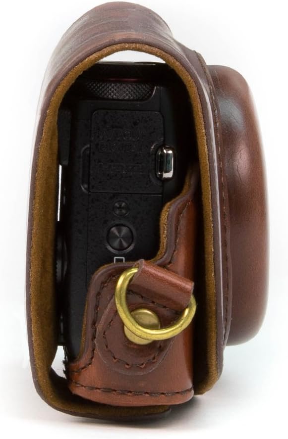 MegaGear Ever Ready Leder Kameratasche mit Trageriemen kompatibel mit Canon PowerShot G7 X Dunkelbra
