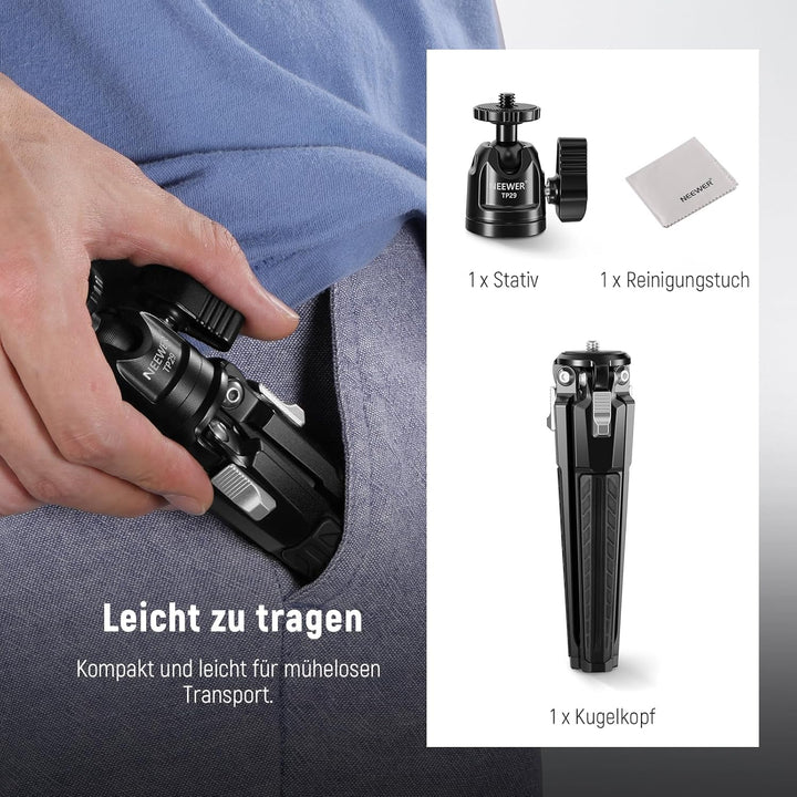 NEEWER Mini Tischstativ, Kleiner tragbarer Handy Stativ für Selfies mit 360° Kugelkopf und 1/4" Schr