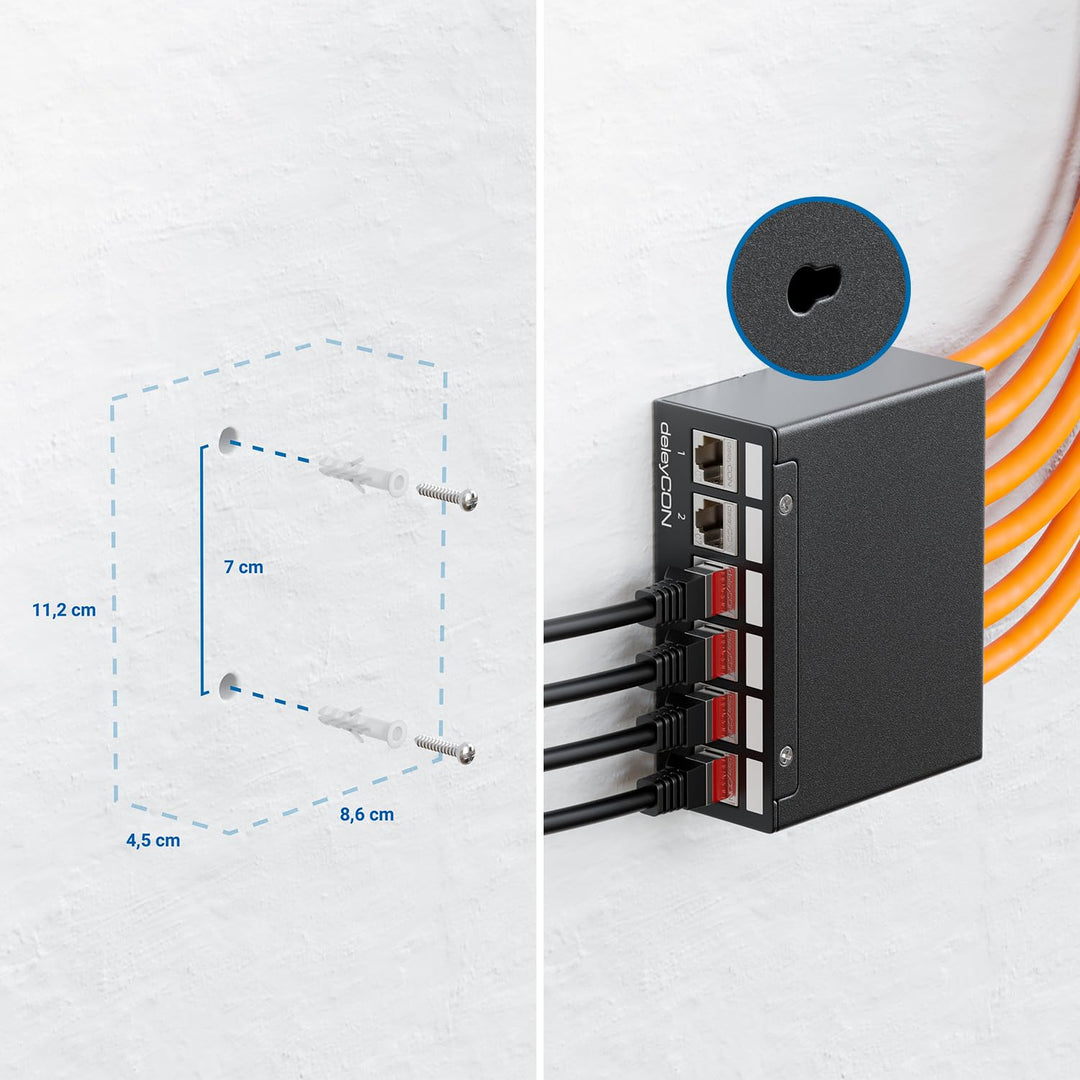deleyCON 6 Port CAT7 Patchpanel Set 10 Gbit/s STP RJ45 - Schwarz | Mit 6x CAT.7 RJ45 Keystone Jack M