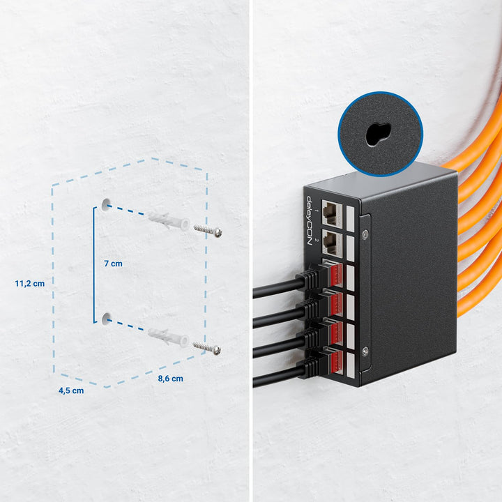 deleyCON 6 Port CAT7 Patchpanel Set 10 Gbit/s STP RJ45 - Schwarz | Mit 6x CAT.7 RJ45 Keystone Jack M