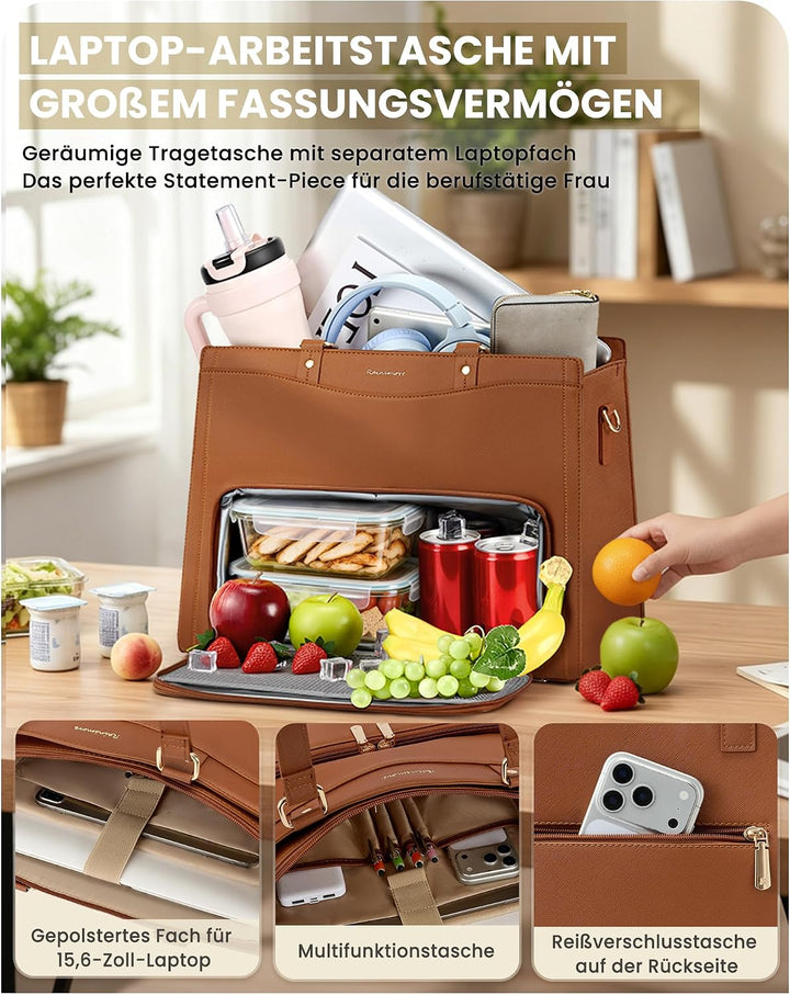 RAINSMORE Lehrertasche Damen mit Kühlfach 15,6 Zoll Laptoptasche Arbeitstasche Damen Gross PU Leder