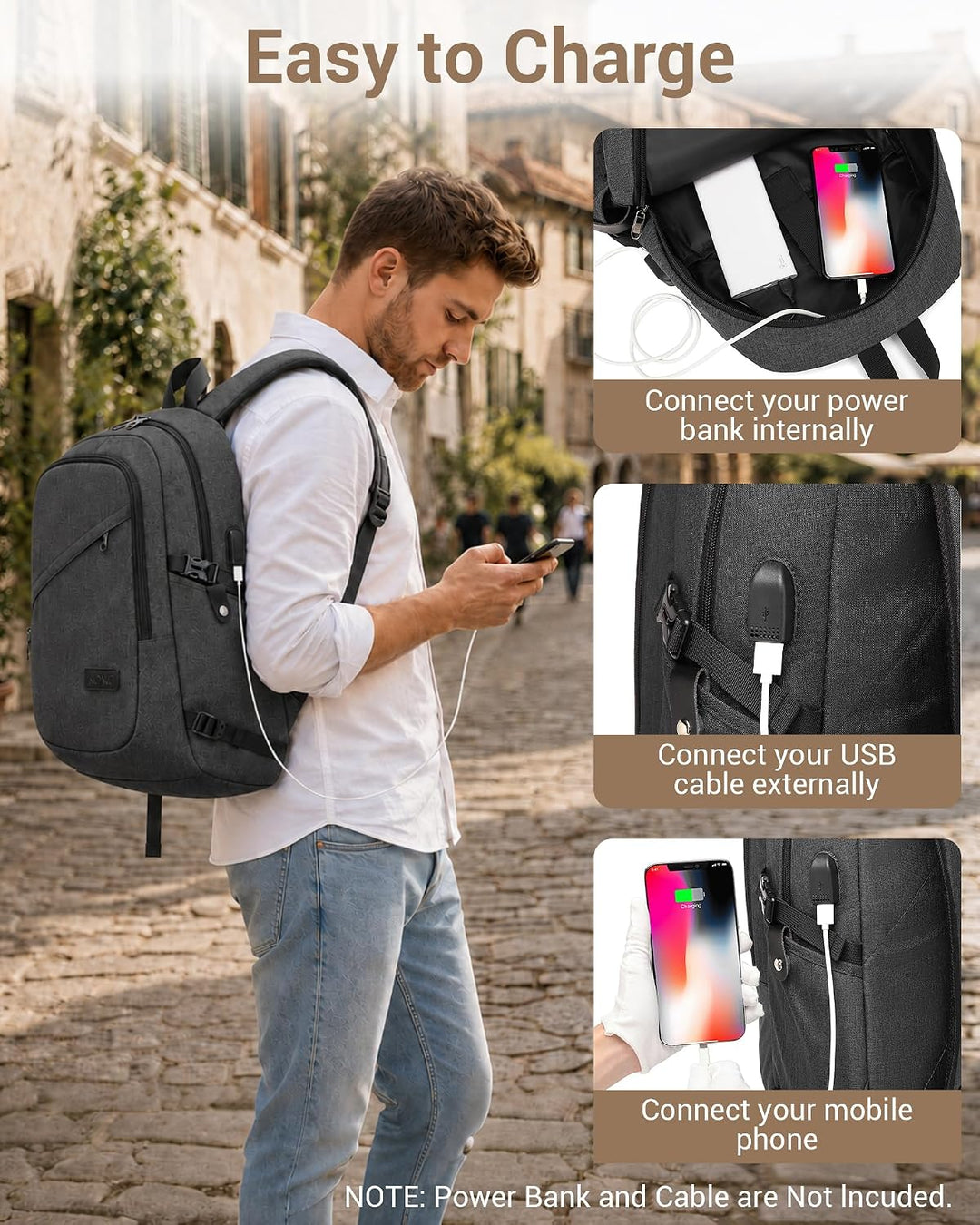 KONO Rucksack Herren, Laptop Rucksack 15,6 Zoll Anti-Diebstahl mit USB-Ladeanschluss, Schulrucksack