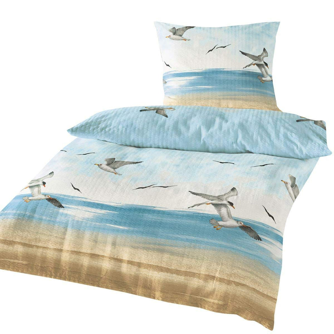 Traumschlaf Seersucker Bettwäsche Set •Bügelfrei• Maritimer Look Seemöven • mit Reissverschluss • 20