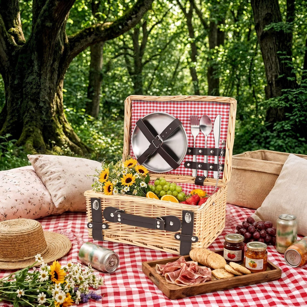 Weiden-Picknickkorb für 2 Personen, Weidenkorb mit Wasserfester Picknickdecke und Besteckset, Pickni
