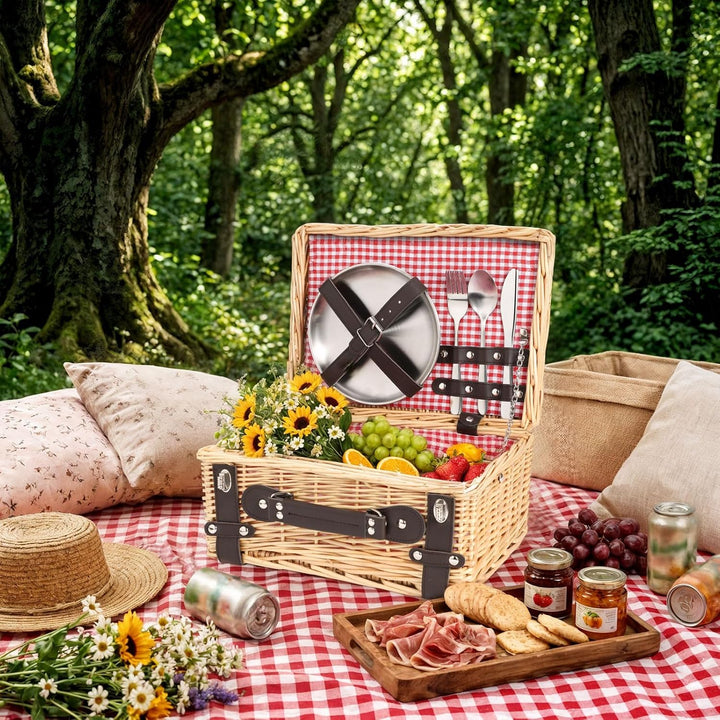 Weiden-Picknickkorb für 2 Personen, Weidenkorb mit Wasserfester Picknickdecke und Besteckset, Pickni