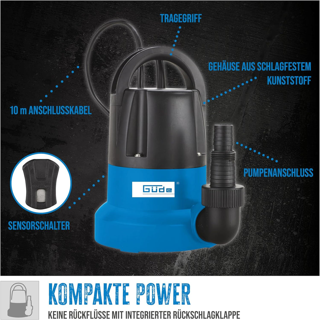 Güde 94627 GFS 401 S Flachsaugerpumpe Tauchpumpe Kellerpumpe (400W, 7000l/h, 8m Förderhöhe, 1mm max.