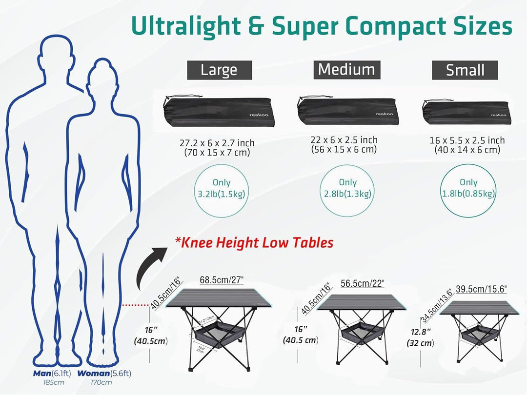reakoo Campingtisch Klappbar mit Aluminium-Tischplatte, Ultraleicht, kompakt, Camping Tisch Faltbar