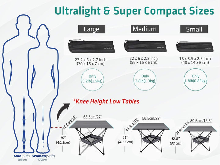 reakoo Campingtisch Klappbar mit Aluminium-Tischplatte, Ultraleicht, kompakt, Camping Tisch Faltbar