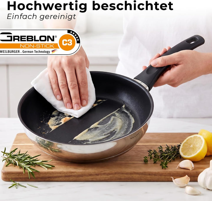 KLAMER Pfanne 24 cm, Profi Edelstahl-Bratpfanne, Induktionspfanne mit Premium Beschichtung, Pfanne 2