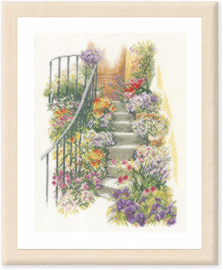 Lanarte Zählmusterpackung Treppe mit Blumen Leinen Kreuzstichpackung, Baumwolle, Mehrfarbig, 27.0 x
