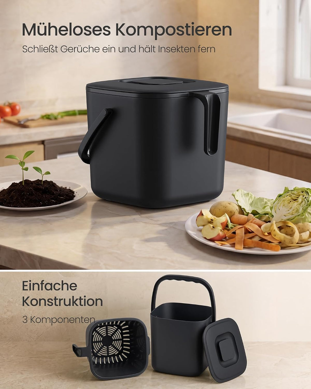 SONGMICS Biomülleimer Küche, 7 L Komposteimer mit Deckel, Geruchsdicht, Kleiner Tischabfalleimer mit