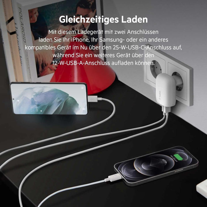 Belkin USB-C PPS PD Handy-Ladegerät, 37 W, mit 2 Anschlüssen, Power Delivery, 25-W-USBC- und 13-W-US