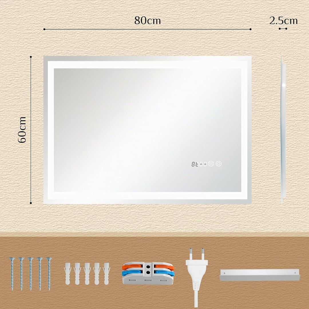 Clevich Badspiegel mit Beleuchtung und Uhr 80×60 cm, LED Spiegel mit 3 Lichtfarben dimmbar, gehärtet