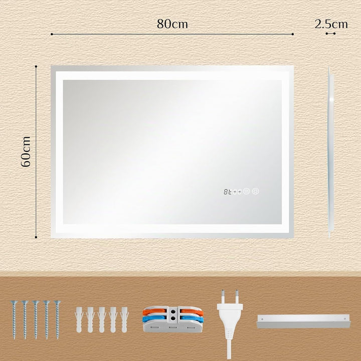 Clevich Badspiegel mit Beleuchtung und Uhr 80×60 cm, LED Spiegel mit 3 Lichtfarben dimmbar, gehärtet
