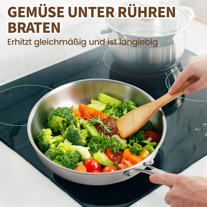 Edelstahlpfanne 28 cm, Edelstahl Pfanne Induktion Unbeschichtet, Stainless Steel Pan PFAS-, PTFE- un